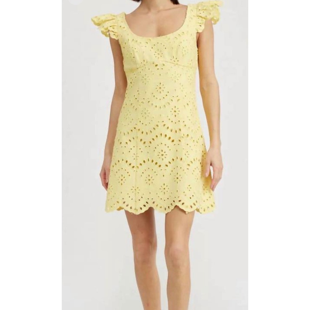 En Saison Guinevere Dress Lemoncello Yellow Eyelet Ruffle Mini Dress Large